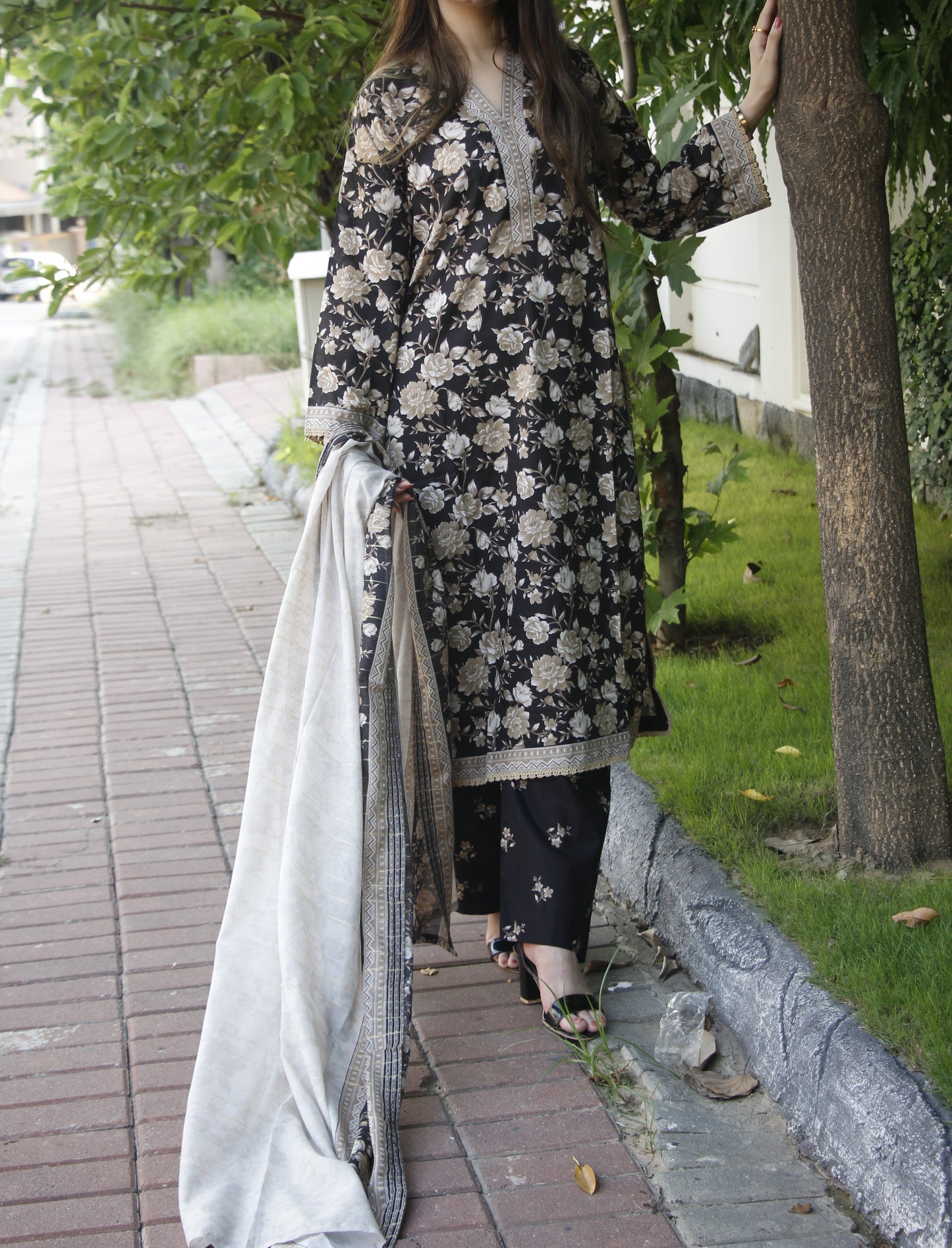 Black printed cotton stiched 3 piece dress