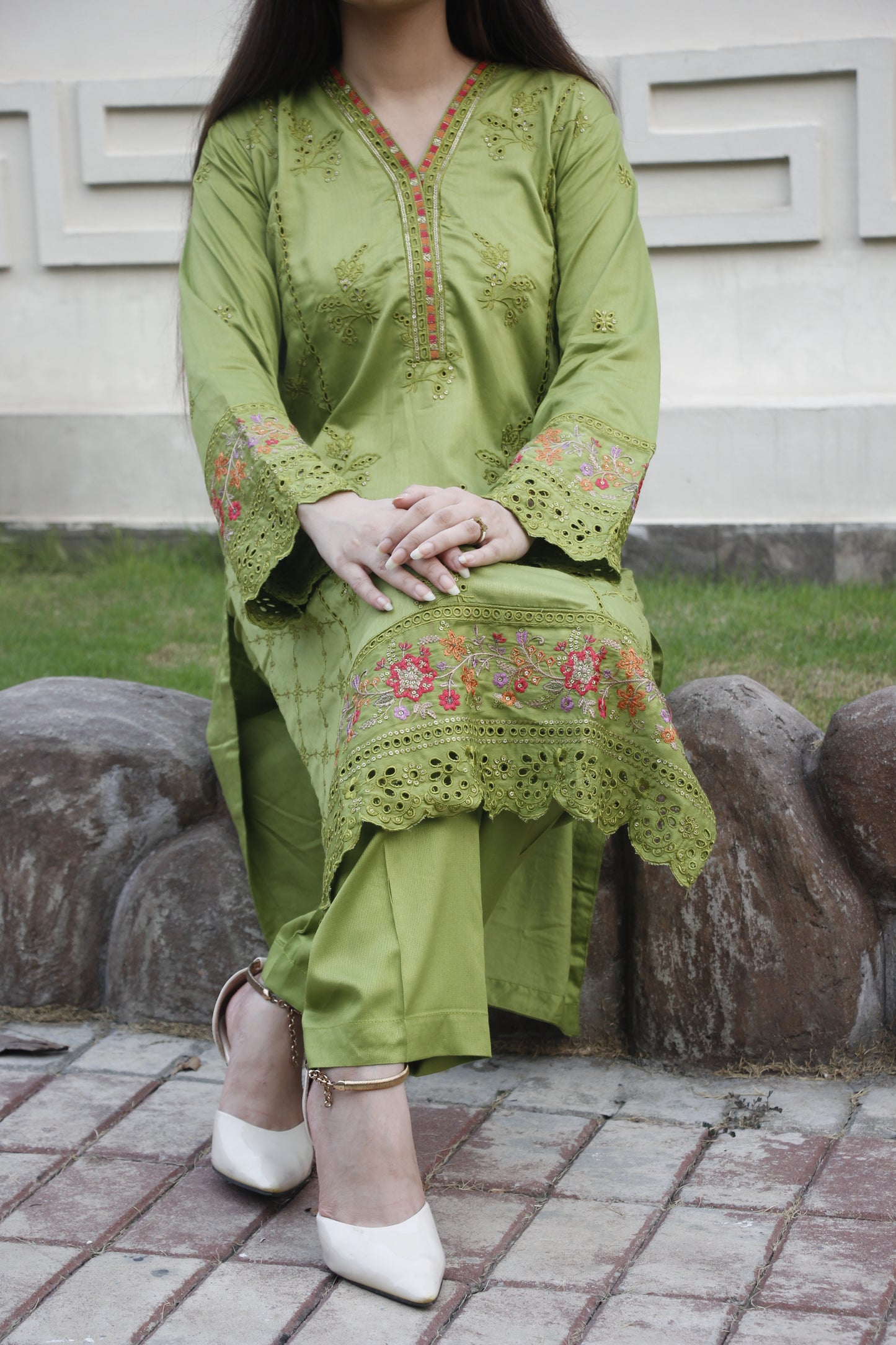 Parrot green Embroidered linen 2 Piece Stitched Suit