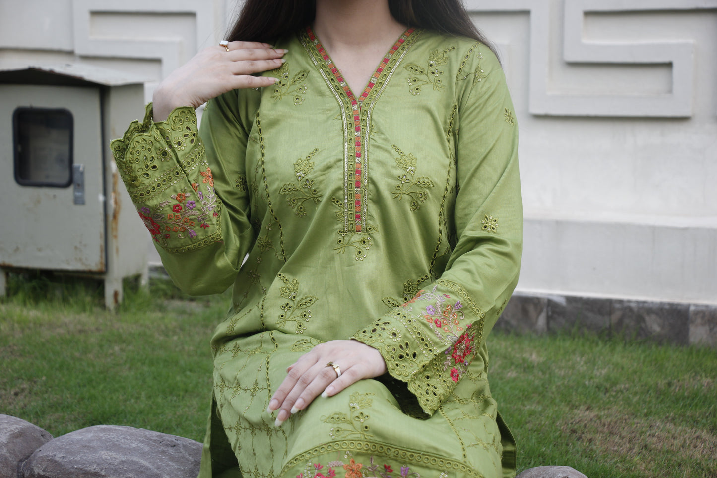 Parrot green Embroidered linen 2 Piece Stitched Suit