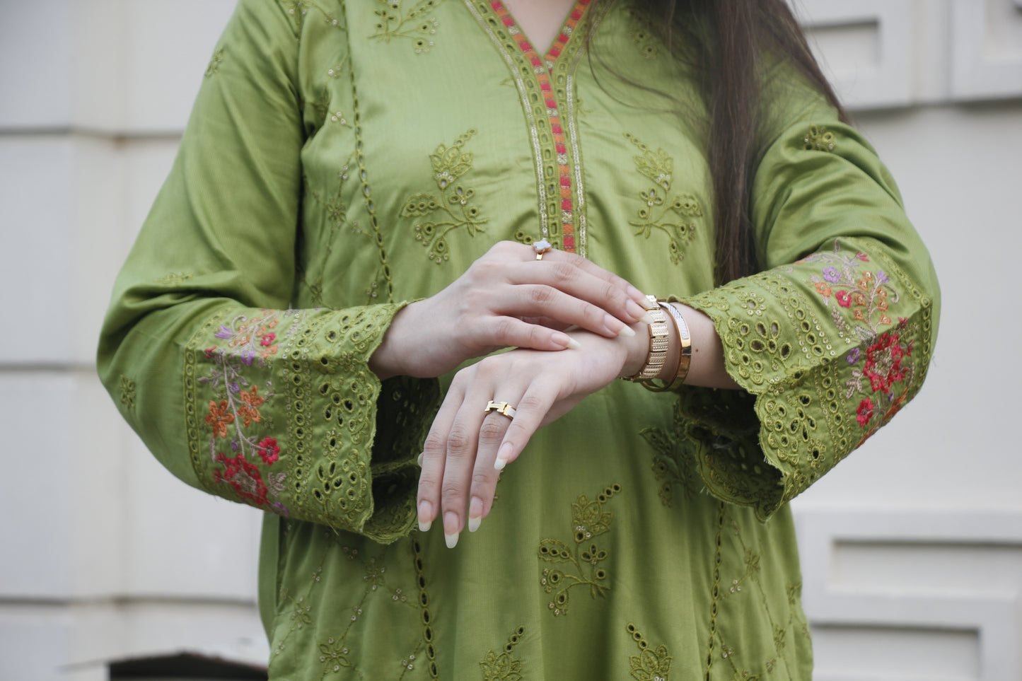 Parrot green Embroidered linen 2 Piece Stitched Suit