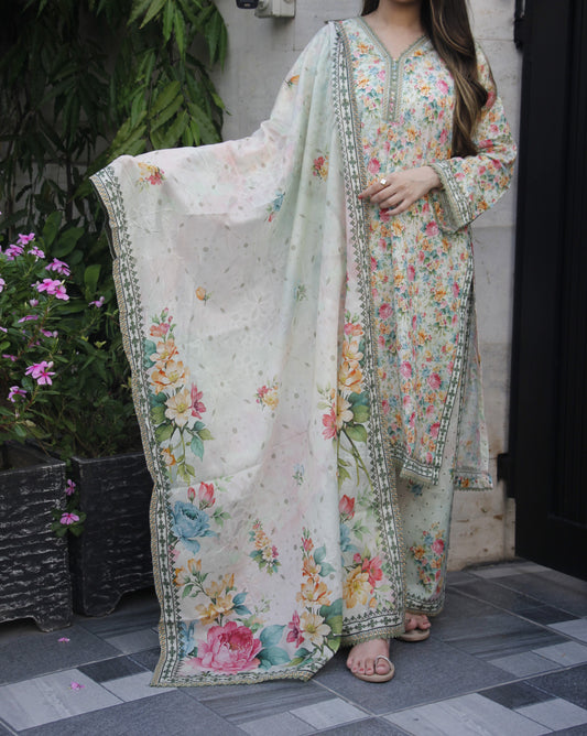 Bone-white coloured cotton lawn printed 3 Piece Stitched Suit