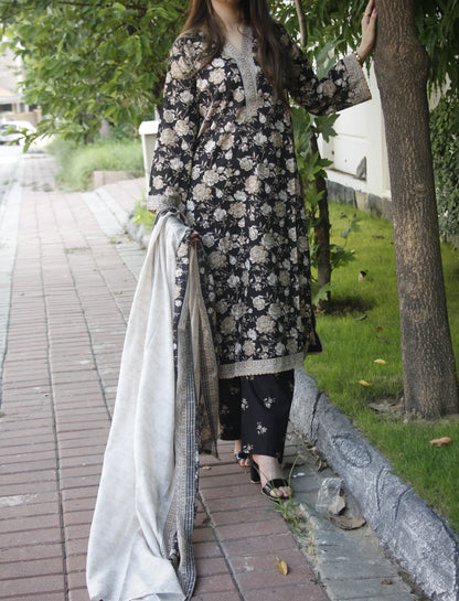 Black printed cotton stiched 3 piece dress