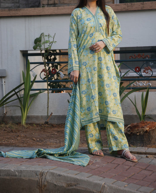 Yellow-green cotton lawn 3 piece stiched dress