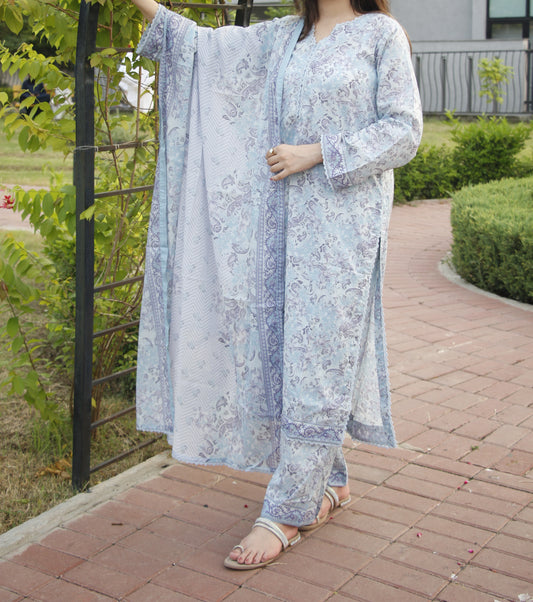 Blue-White printed cotton stiched dress