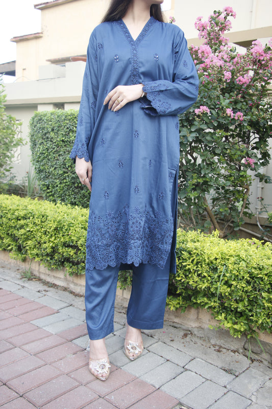 Blue Embroidered linen 2 Piece Stitched Suit