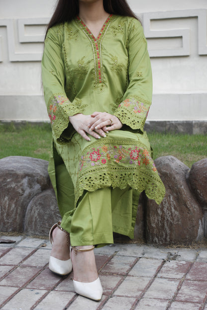 Parrot green Embroidered linen 2 Piece Stitched Suit
