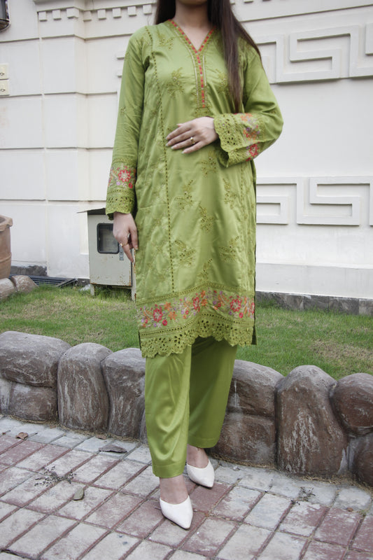 Parrot green Embroidered linen 2 Piece Stitched Suit