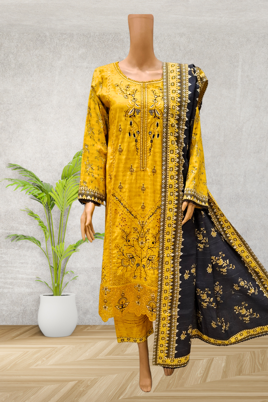 Yellow Embroidered Khaddar 3 Piece Stitched